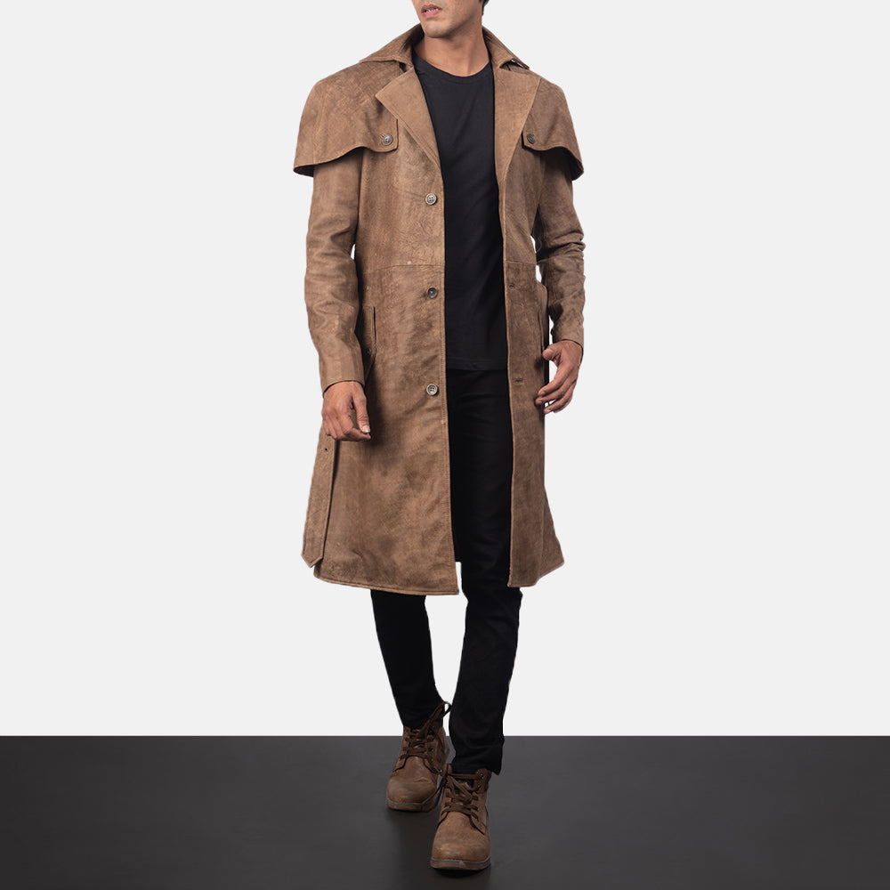 Men's Deux Brown Leather Duster in Distressed Brown Semi-Aniline Snuffed - Front Profile View &amp; Tailored Silhouette | Buy Online