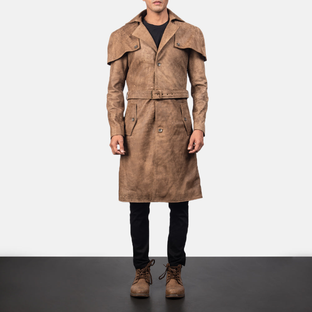Close-Up Detail of Classic Collar &amp; Buttons + Belt Hardware on Men's Deux Brown Leather Duster