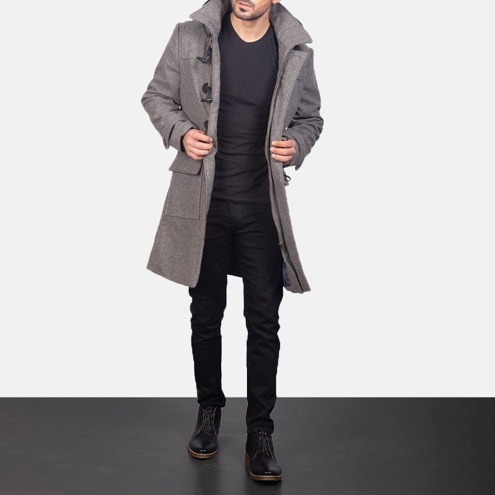 Men's Grey Wool Duffle Coat in Grey Synthetic Wool - Front Profile View & Tailored Silhouette | Buy Online