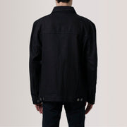 
Крупний план деталей of Classic Collar & Heavy-Duty Zipper Hardware on Eddie Чорний Oversized Denim Trucker Шкіряна куртка для Чоловіків For Men