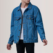 
Eddie Dark Синій Oversized Denim Trucker Шкіряна куртка для Чоловіків For Men in Dark Blue Full-Grain Leather - Вигляд спереду та приталений силует | Купити в офіційному онлайн-магазині