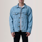 
Eddie Light Синій Oversized Denim Trucker Шкіряна куртка для Чоловіків For Men in Light Blue Full-Grain Leather - Вигляд спереду та приталений силует | Купити в офіційному онлайн-магазині