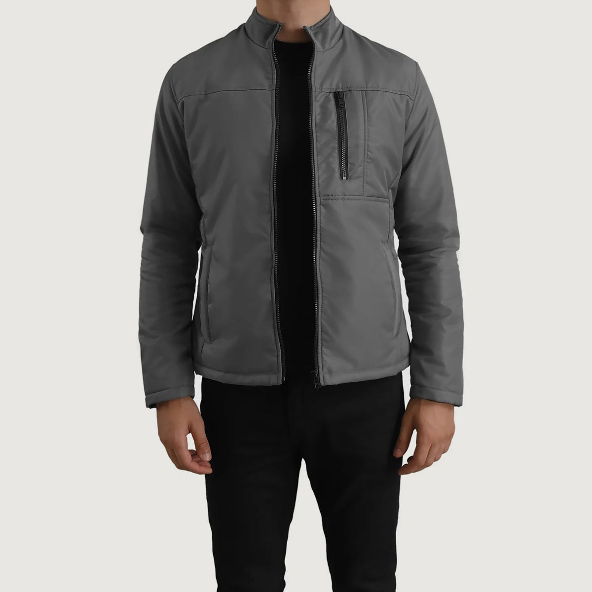 Elliot Grey Lightweight Jacket in Grey Full-Grain Leather - Front Profile View &amp; Tailored Silhouette | Buy Online