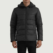 
Erico Чорний Hooded Puffer Шкіряна куртка для Чоловіків у натуральній чорній воловій шкірі - Вигляд спереду та приталений силует | Купити в офіційному онлайн-магазині