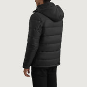 
Крупний план деталей of Classic Collar & Zipper With Wind Flap Hardware on Erico Чорний Hooded Puffer Шкіряна куртка для Чоловіків