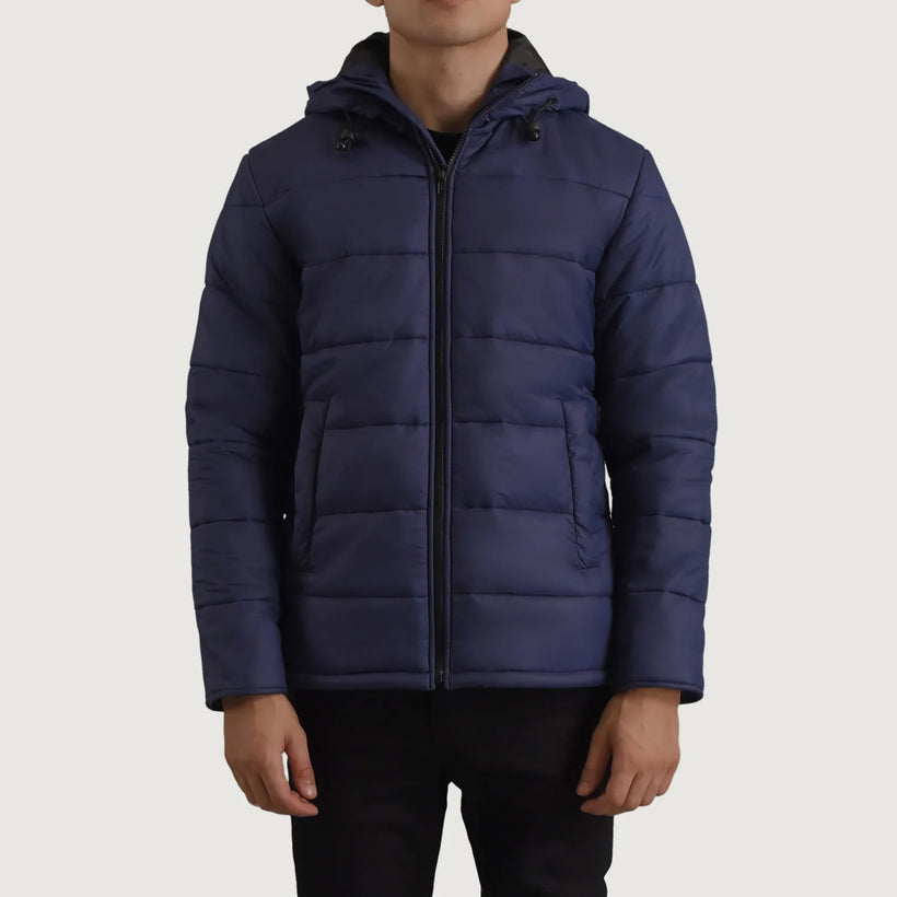 Erico Синій Hooded Puffer Шкіряна куртка для Чоловіків