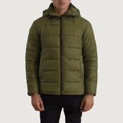 
Erico Оливковий Hooded Puffer Шкіряна куртка для Чоловіків in Green Full-Grain Leather - Вигляд спереду та приталений силует | Купити в офіційному онлайн-магазині