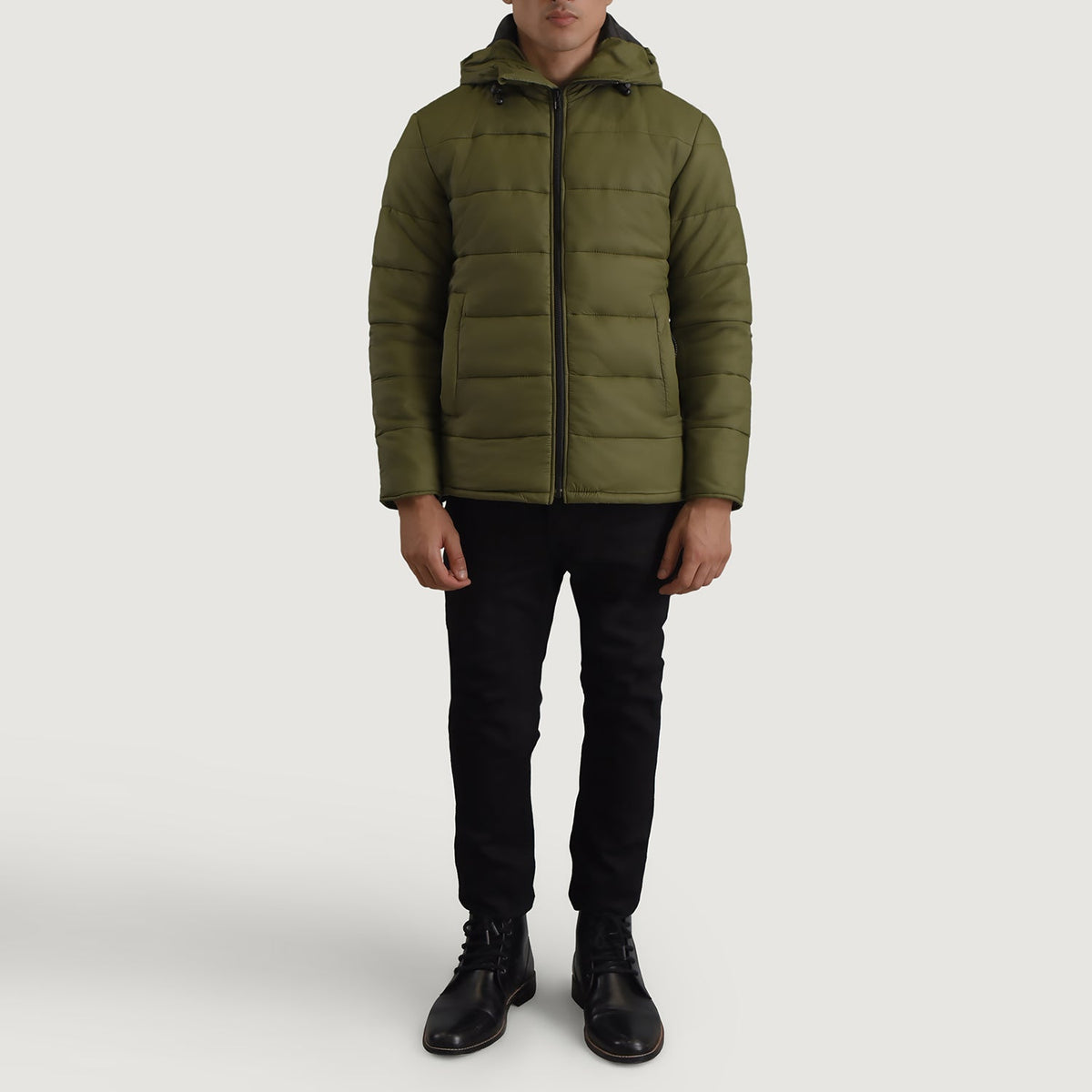 
Erico Оливковий Hooded Puffer Шкіряна куртка для Чоловіків - Вигляд збоку з ергономічним кроєм рукава
