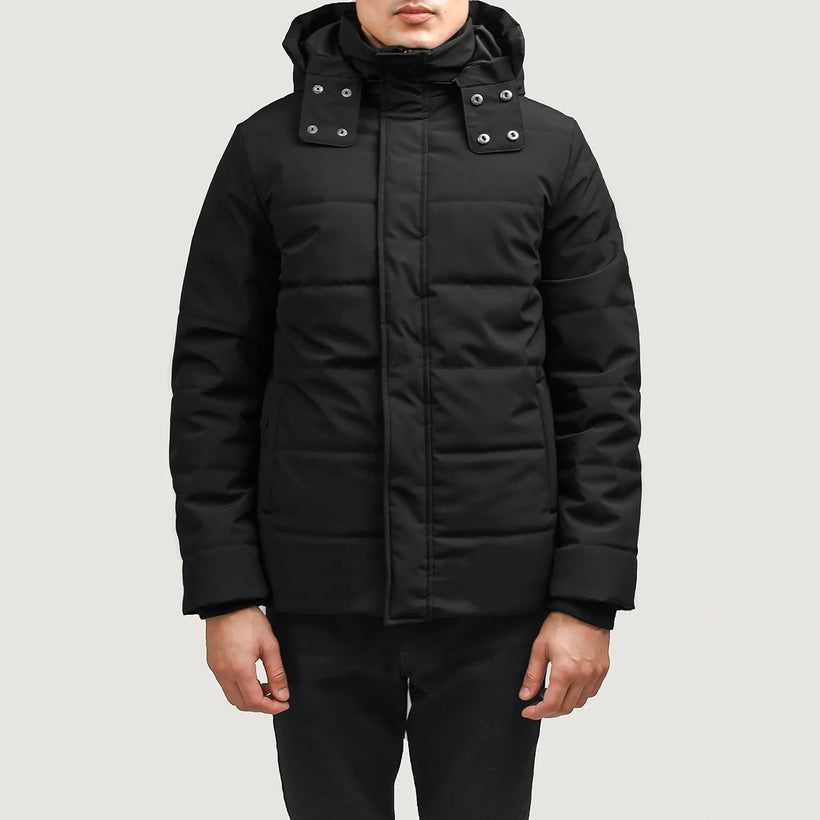 Exton Чорний Hooded Down Puffer Шкіряна куртка для Чоловіків