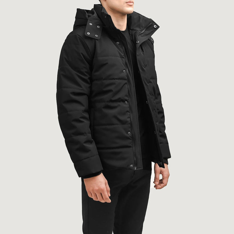Exton Чорний Hooded Down Puffer Шкіряна куртка для Чоловіків