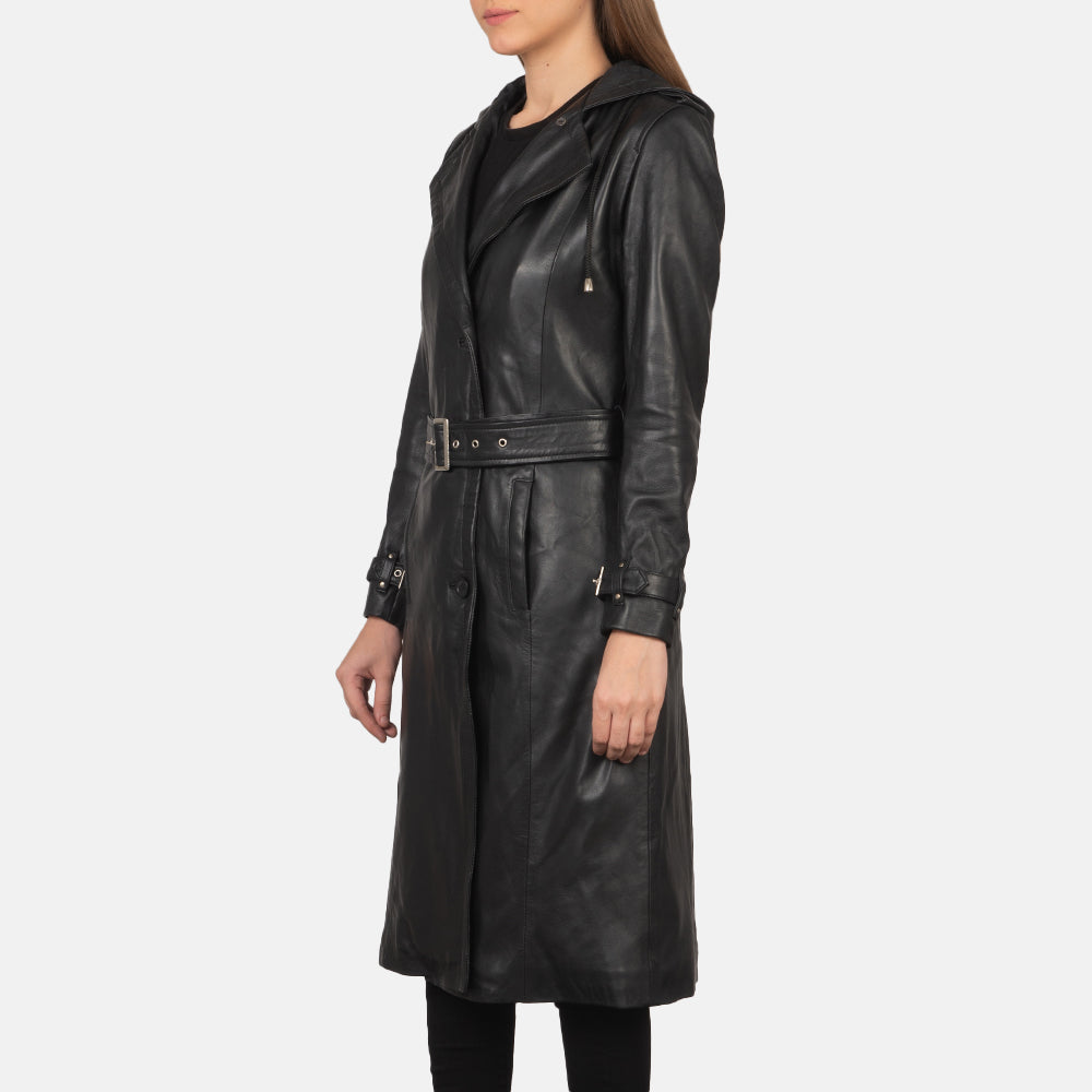 
Крупний план деталей of Hooded & Button + Belt Hardware on Fixon Hooded Чорний Шкіряний тренч для Жінок