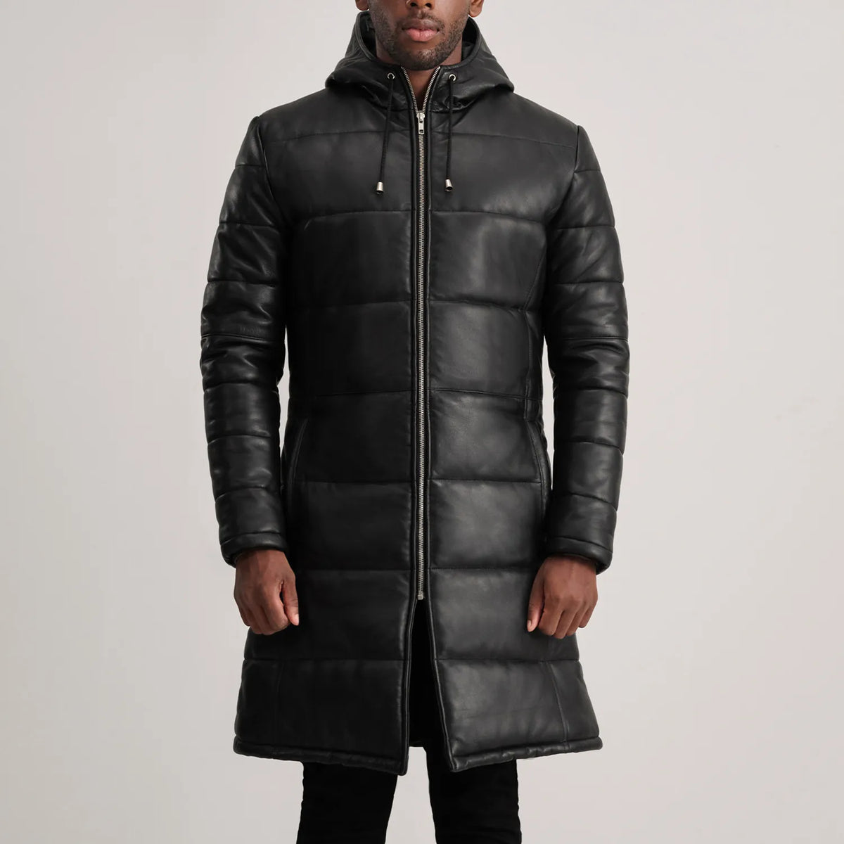 
Крупний план деталей of Hooded & Zipper Hardware on Floyd Tan Hooded Leather Puffer Coat