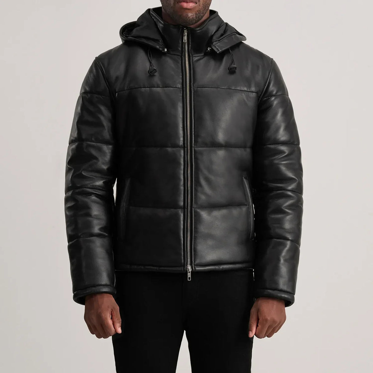 
Крупний план деталей of High neck & Zipper Hardware on Gordon Tan Hooded Leather Puffer Jacket