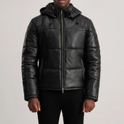 
Крупний план деталей of High neck & Zipper Hardware on Gordon Tan Hooded Leather Puffer Jacket