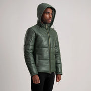 
Як виглядає на людині:  Gordon Tan Hooded Leather Puffer Jacket на моделі — природне спадання при денному світлі