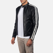 
Black & White Cowhide Leather Biker Jacket - Вигляд ззаду з ідеальною посадкою по плечах та рівним подолом