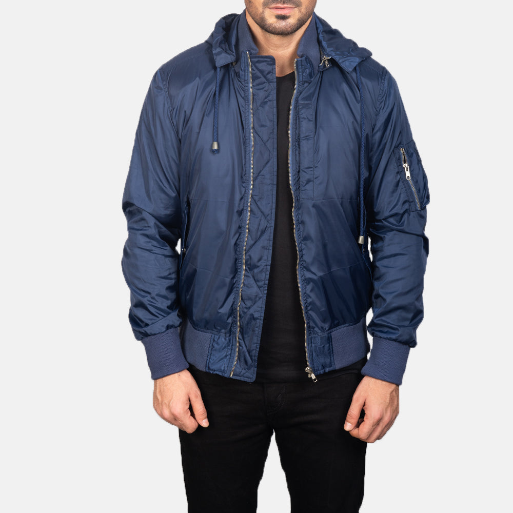 
Blue Hooded Bomber Jacket in Blue Nylon - Вигляд спереду та приталений силует | Купити в офіційному онлайн-магазині