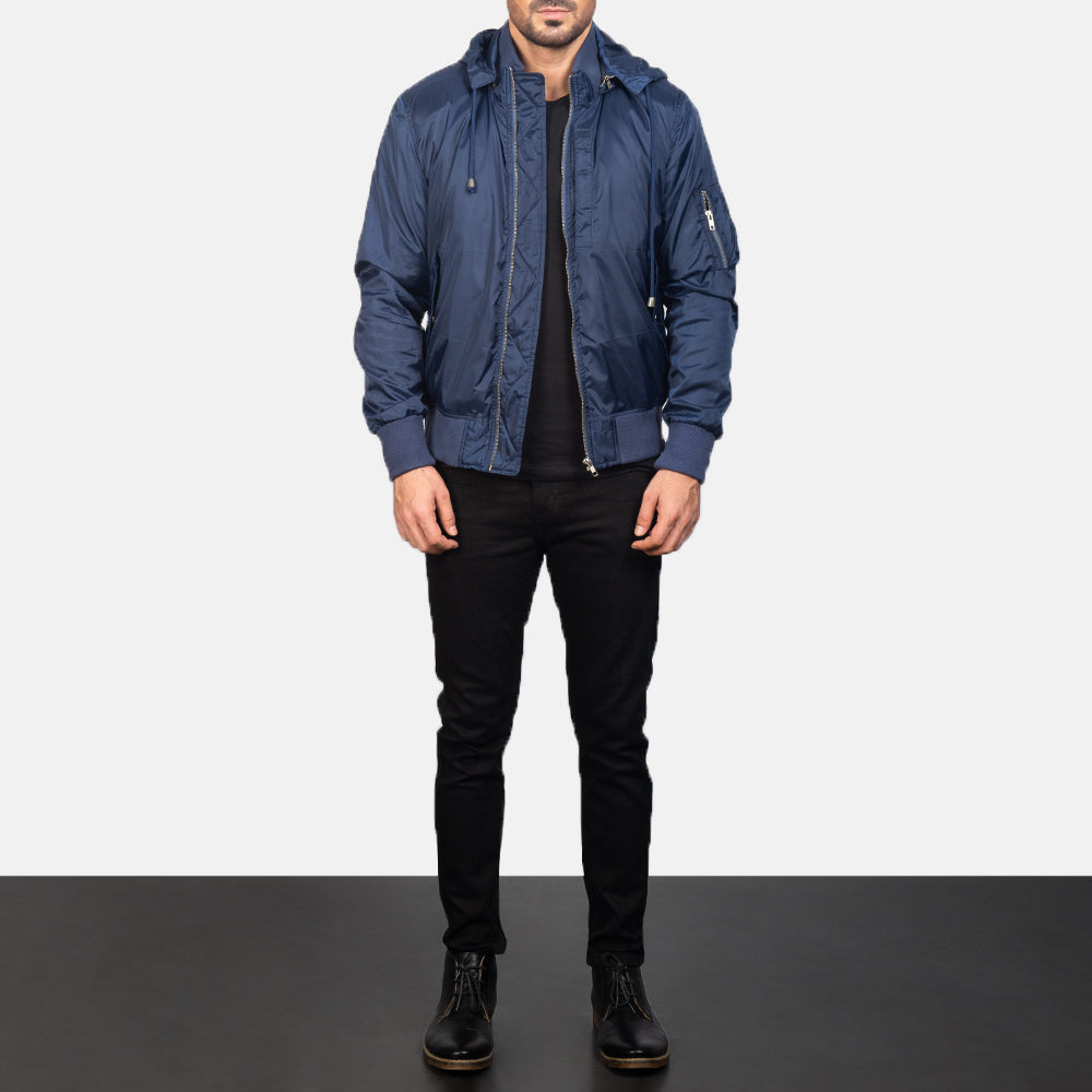
Blue Hooded Bomber Jacket - Вигляд збоку з ергономічним кроєм рукава