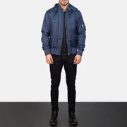 
Blue Hooded Bomber Jacket - Вигляд збоку з ергономічним кроєм рукава