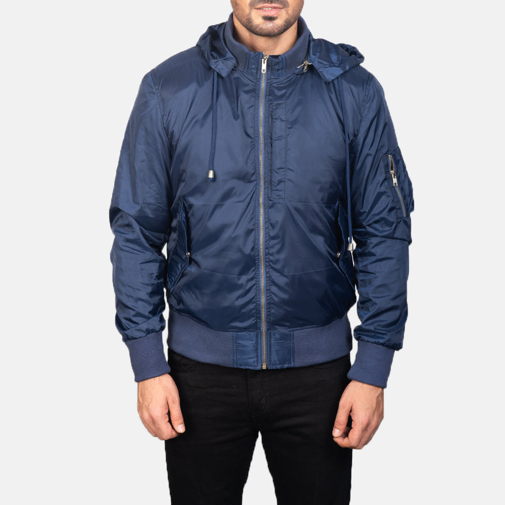 
Крупний план деталей of Knit Rib with Removable Nylon Hood & Zipper Hardware on Blue Hooded Bomber Jacket