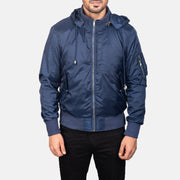 
Крупний план деталей of Knit Rib with Removable Nylon Hood & Zipper Hardware on Blue Hooded Bomber Jacket