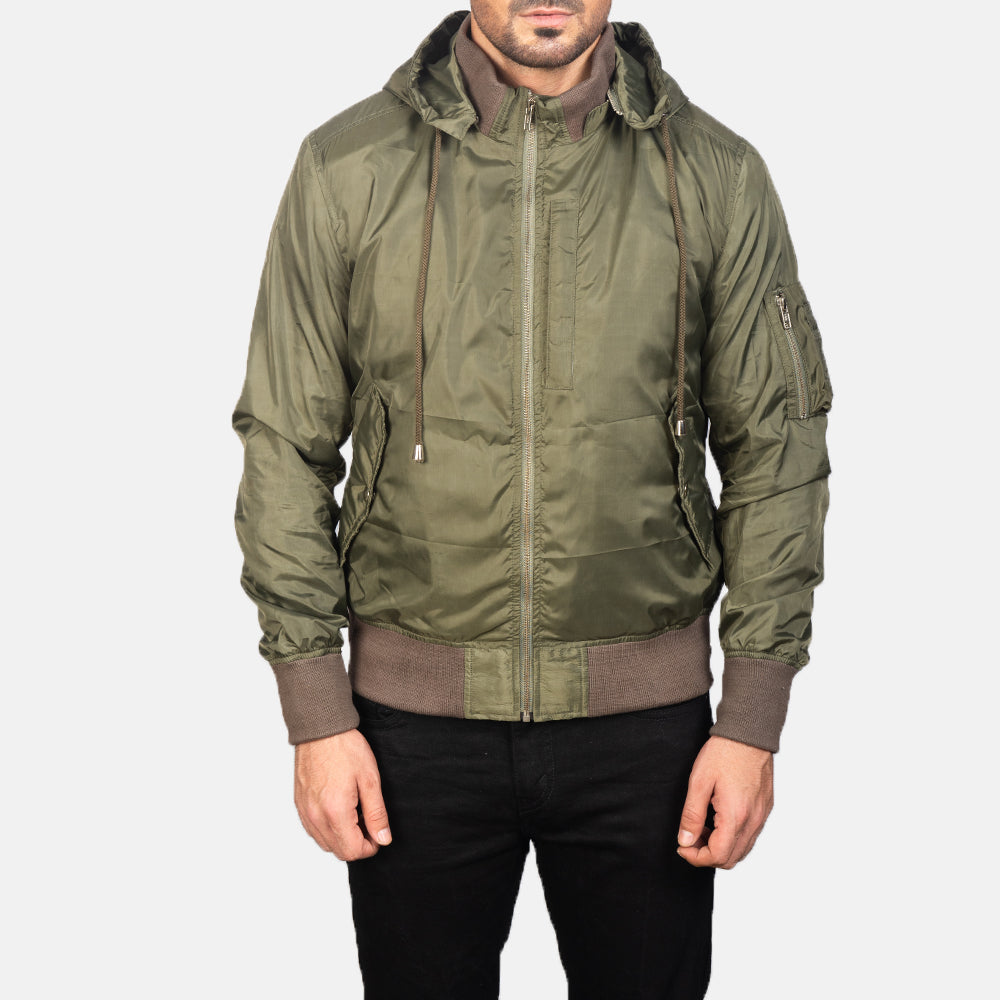 
Крупний план деталей of Knit Rib with Removable Nylon Hood & Zipper Hardware on Hanklin Ma-1 Green Hooded Bomber Jacket