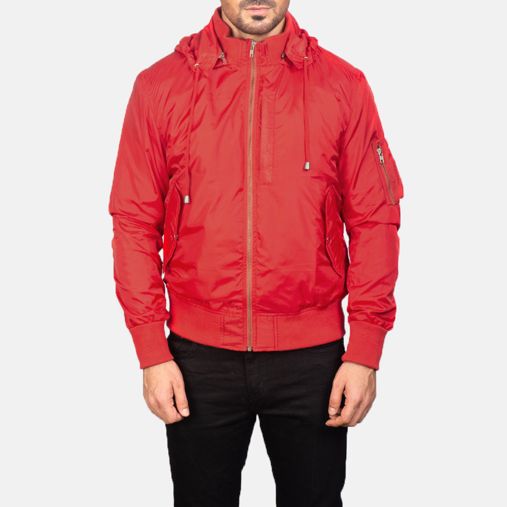 
Крупний план деталей of Knit Rib with Removable Nylon Hood & Zipper Hardware on Hanklin Ma-1 Red Hooded Bomber Jacket