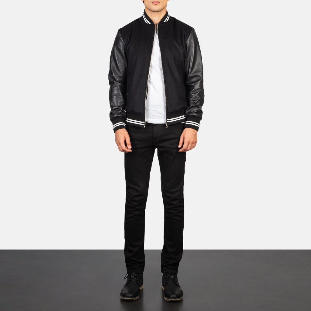 
Крупний план деталей of Knit Rib & zipper Hardware on Harrison Чорний Hybrid Varsity Шкіряна куртка для Чоловіків