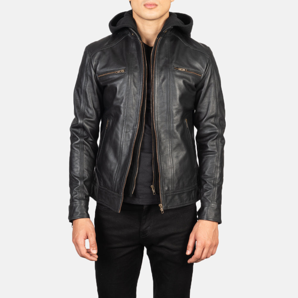 Men's Hector Black Hooded Leather Biker Jacket in Black Cowhide Leather - Front Profile View &amp; Tailored Silhouette | Buy Online