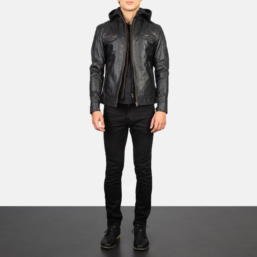 Men's Hector Black Hooded Leather Biker Jacket - Lateral Side Profile View Showing Sleeve Cut &amp; Athletic Taper Fit
