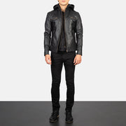 Men's Hector Black Hooded Leather Biker Jacket - Lateral Side Profile View Showing Sleeve Cut &amp; Athletic Taper Fit