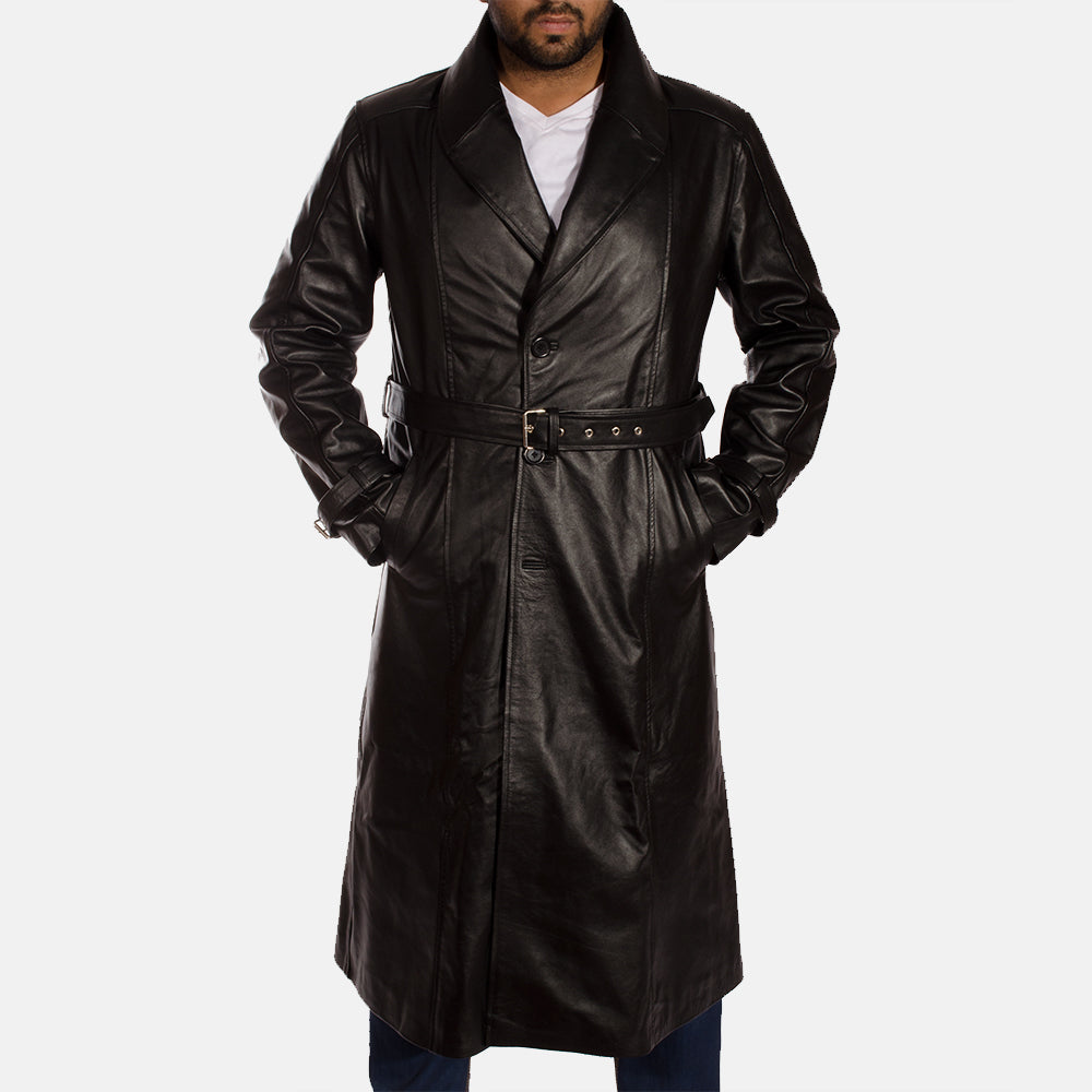 
Black Cowhide Leather Trench Coat - Вигляд ззаду з ідеальною посадкою по плечах та рівним подолом