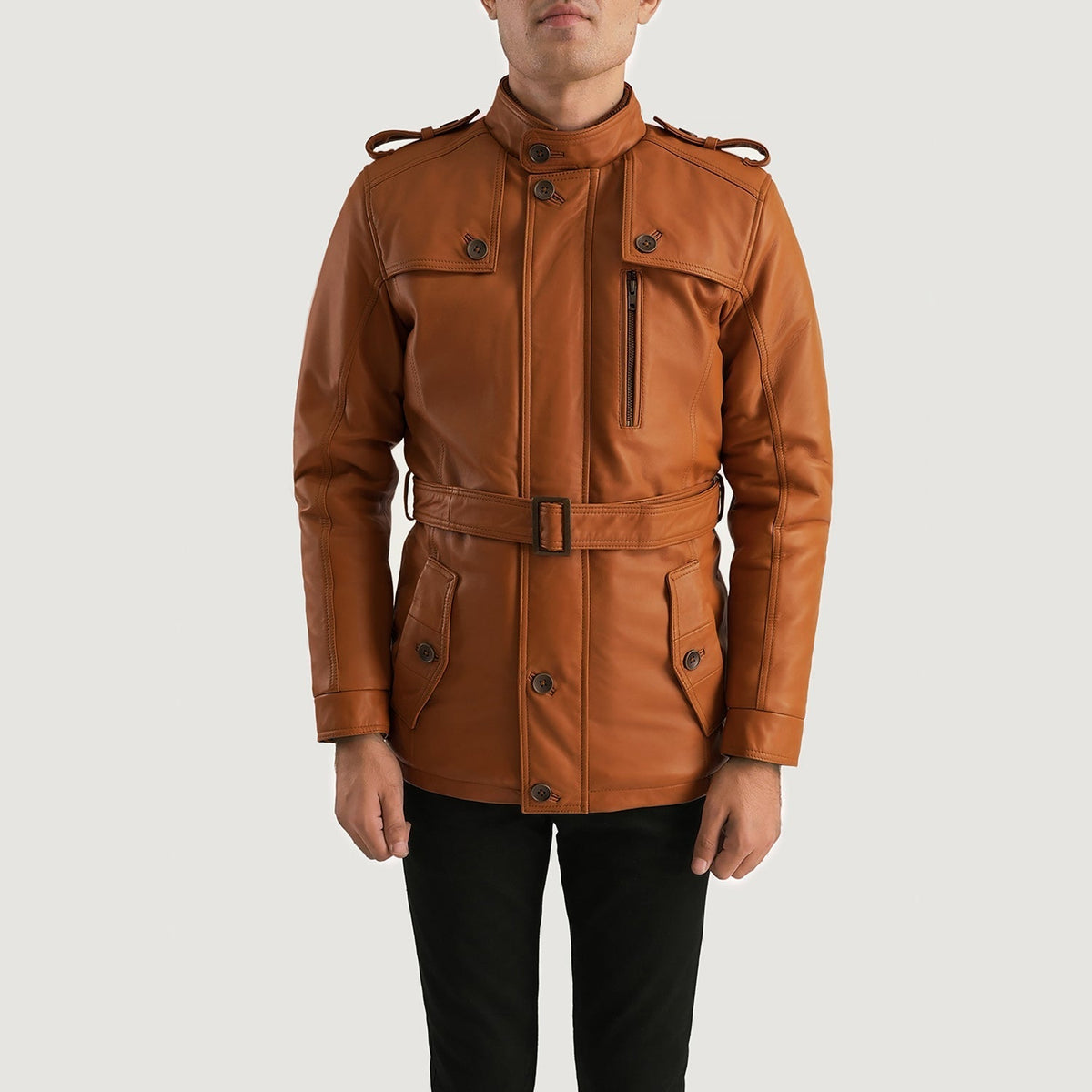 
Крупний план деталей of Band (Buttoned) & Zipper with Button Flap Hardware on Hunter Рудий Коричневий Fur Шкіряна куртка для Чоловіків