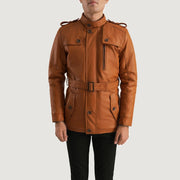 
Крупний план деталей of Band (Buttoned) & Zipper with Button Flap Hardware on Hunter Рудий Коричневий Fur Шкіряна куртка для Чоловіків