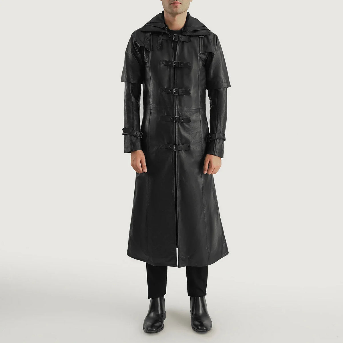 
Huntsman Чорний Hooded Шкіряний тренч для Чоловіків - Вигляд збоку з ергономічним кроєм рукава