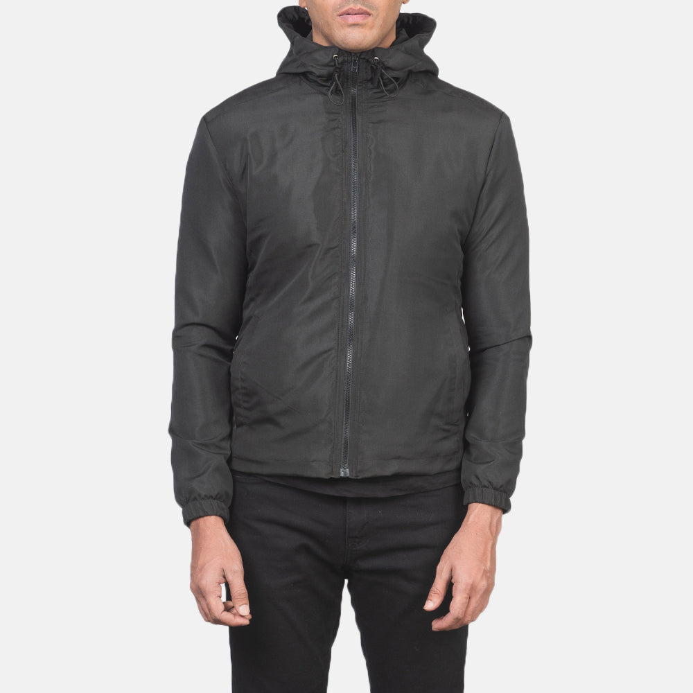 Крупний план деталей of High Neck with Hood & Zipper with wind flap Hardware on Jimmy Black Hooded Windbreaker Jacket