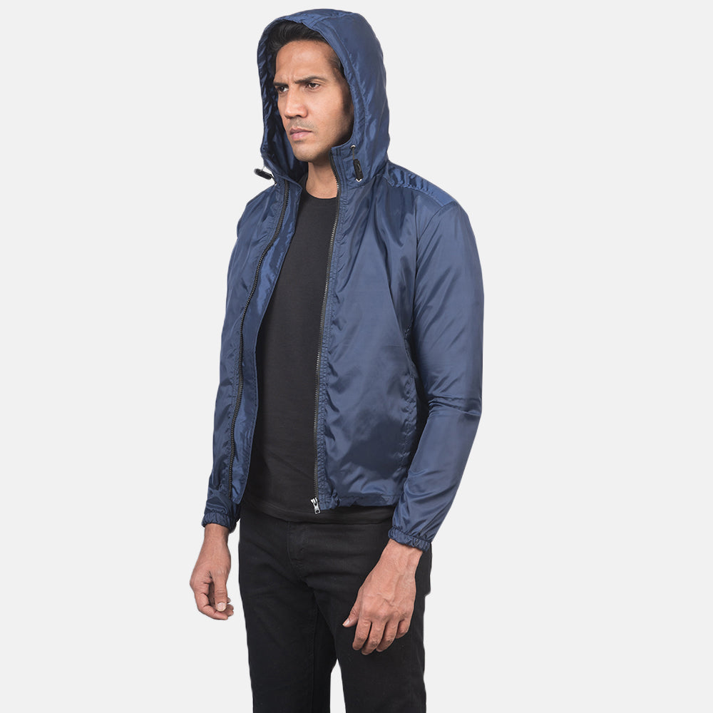 Крупний план деталей of High Neck with Hood & Zipper with wind flap Hardware on Jimmy Blue Hooded Windbreaker Jacket