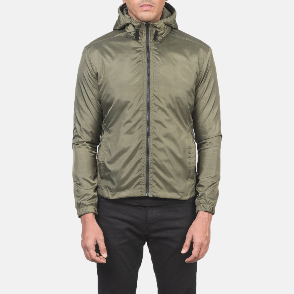 Крупний план деталей of High Neck with Hood & Zipper with wind flap Hardware on Jimmy Green Hooded Windbreaker Jacket