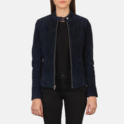 
Kelsee Navy Blue Suede Biker Jacket in Navy Blue Goatskin Suede - Вигляд спереду та приталений силует | Купити в офіційному онлайн-магазині