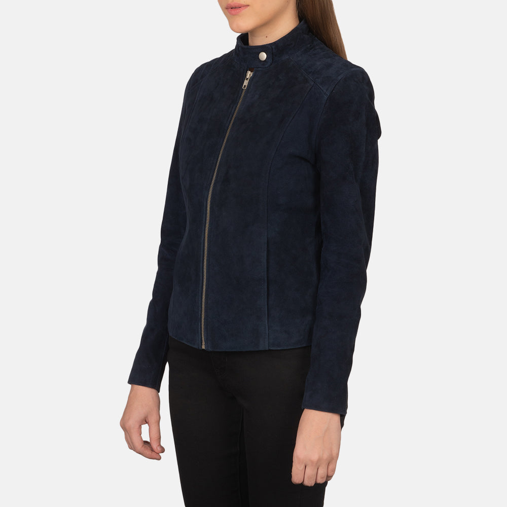 
Navy Blue Goatskin Suede Biker Jacket - Вигляд ззаду з ідеальною посадкою по плечах та рівним подолом
