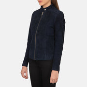 
Navy Blue Goatskin Suede Biker Jacket - Вигляд ззаду з ідеальною посадкою по плечах та рівним подолом