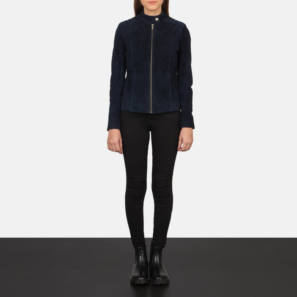 
Kelsee Navy Blue Suede Biker Jacket - Вигляд збоку з ергономічним кроєм рукава