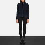 
Kelsee Navy Blue Suede Biker Jacket - Вигляд збоку з ергономічним кроєм рукава