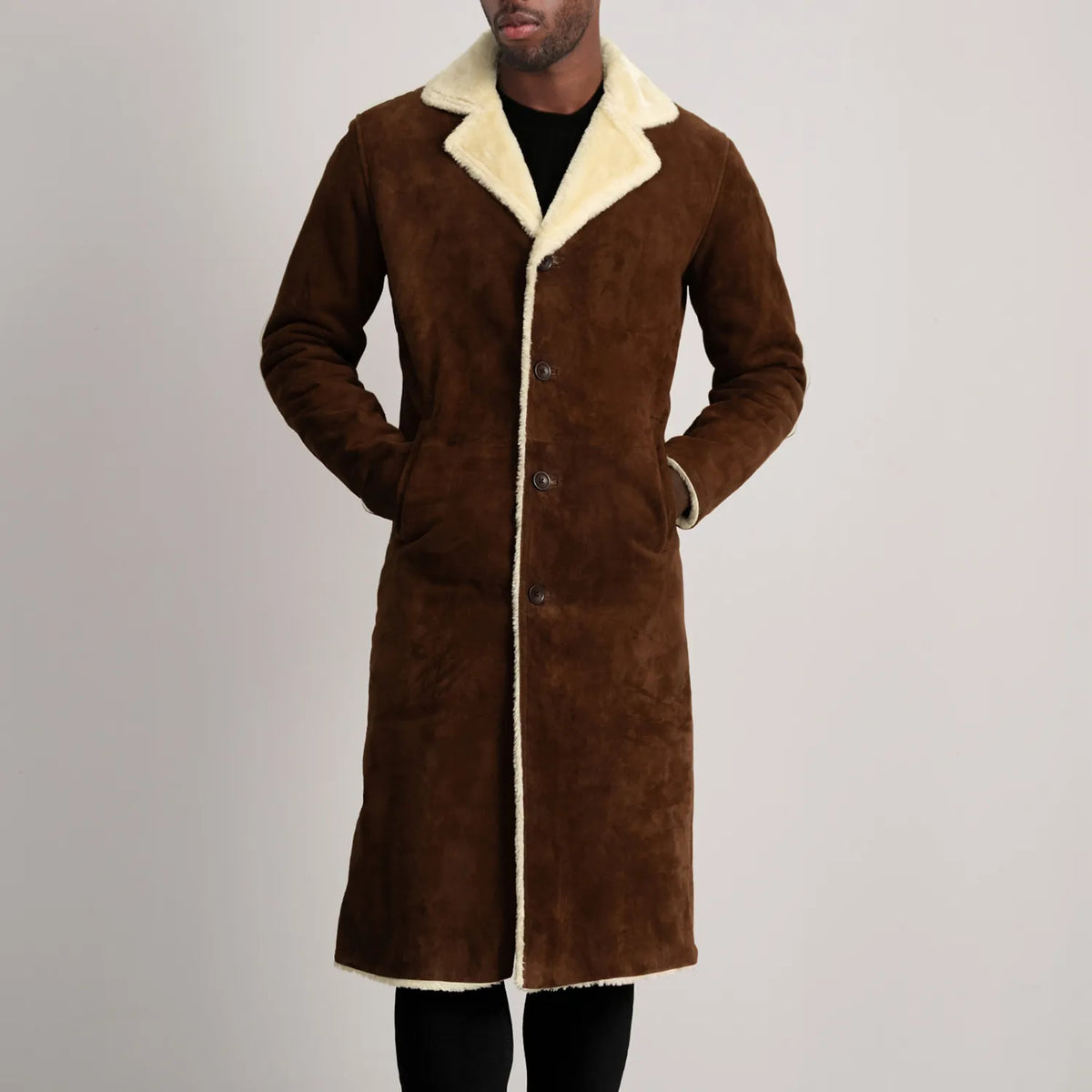 
Крупний план деталей of Notch & Button Hardware on Kolby Brown Suede Shearling Long Coat