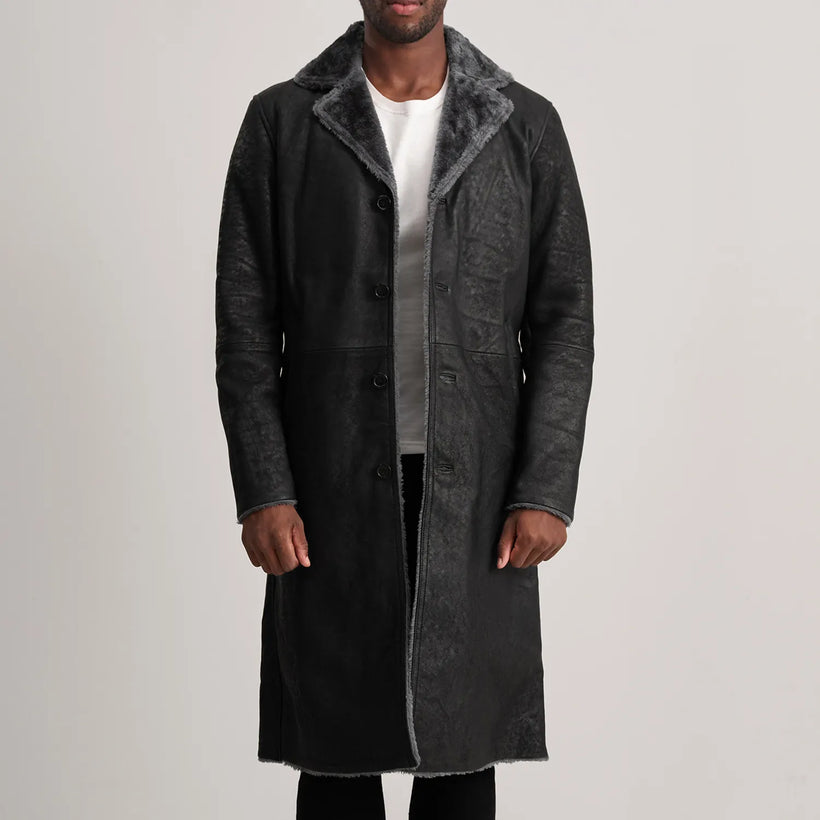 Kolby Distressed Чорний Leather Shearling Шкіряне пальто для Чоловіків