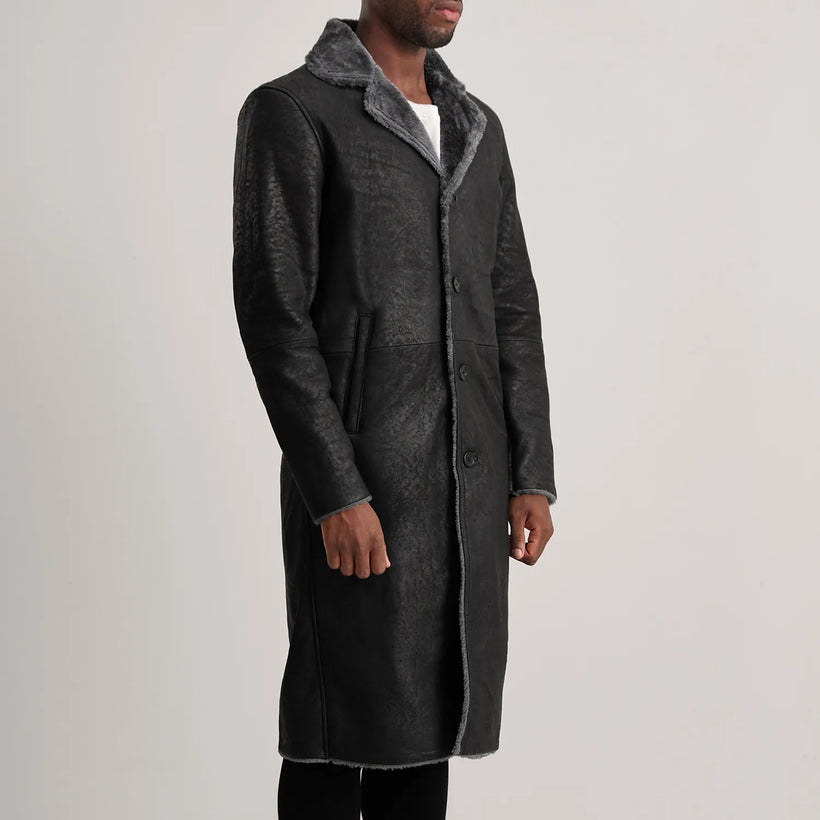 Kolby Distressed Чорний Leather Shearling Шкіряне пальто для Чоловіків