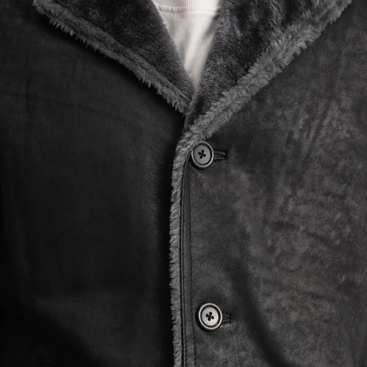 
Крупний план деталей of Notch & Button Hardware on Kolby Distressed Black Shearling Long Coat
