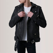 
Kole Distressed Чорний Leather Double Rider Шкіряна куртка для Чоловіків in Distressed Black Sheepskin Snuffed - Вигляд спереду та приталений силует | Купити в офіційному онлайн-магазині