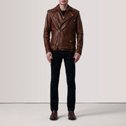 
Distressed Brown Sheepskin Burnished Biker Jacket - Вигляд ззаду з ідеальною посадкою по плечах та рівним подолом