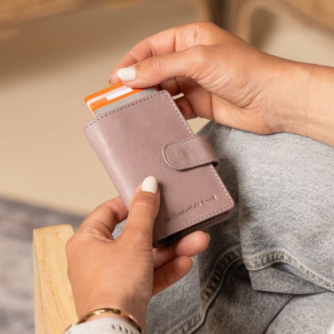 Classic 100% Full-Grain Leather Card Holder - Rear Perspective Showing Reinforced Leather Straps &amp; Stitching
